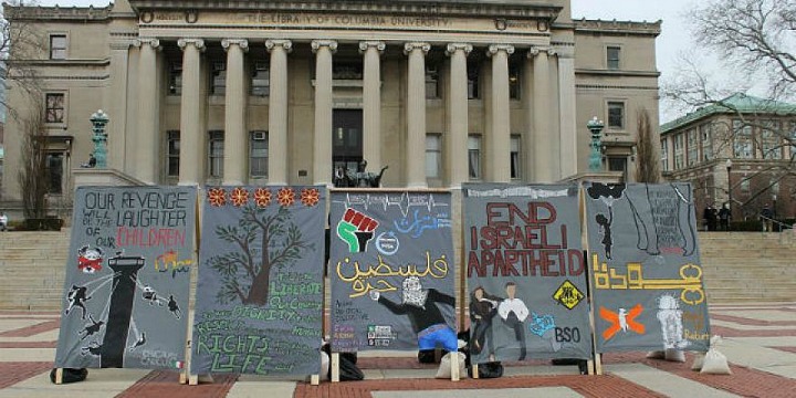 An anti-Israel ‘apartheid wall’ on display at Columbia University during Apartheid Week in 2017. Photo: Facebook.