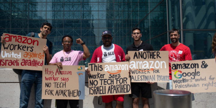 Amazon Labor Union co-founders Gerald Bryson and Jordan Flowers (second and third from left, respectively) protest against Amazon’s participation in Israeli “apartheid,” 26 July, 2023. (Photo: Jake Ratner)